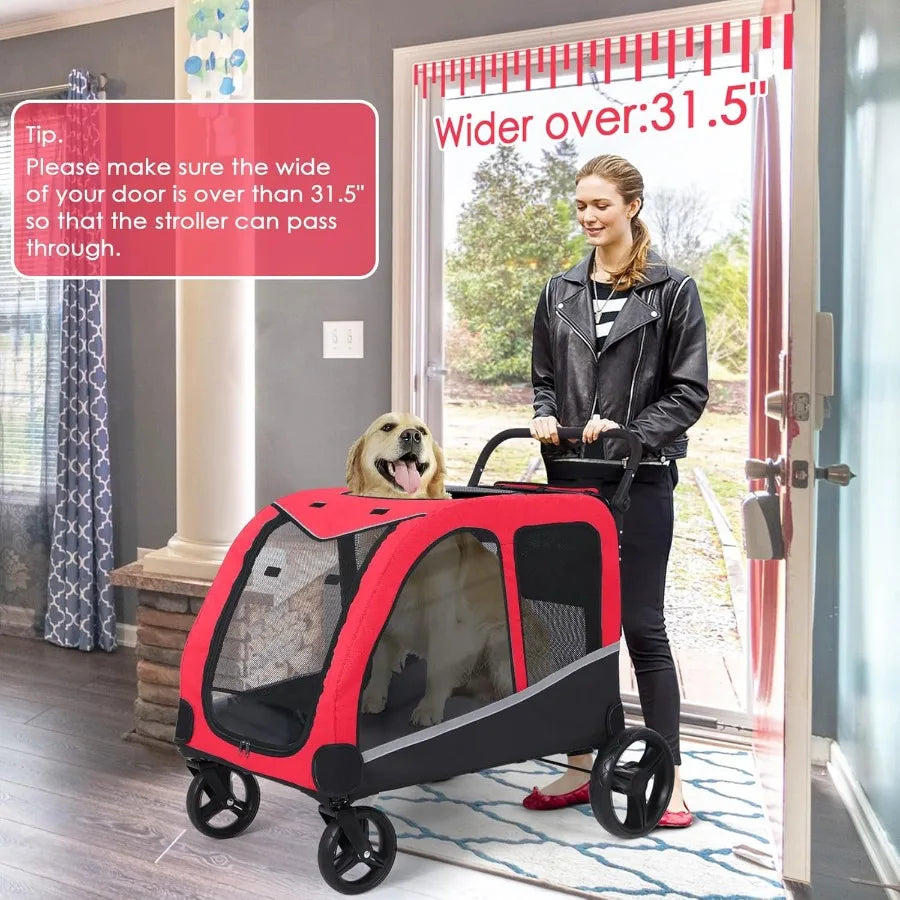 HavenTail Extra Large Dog Stroller (Red) — Foldable Mobility Wagon with Lockable Wheels