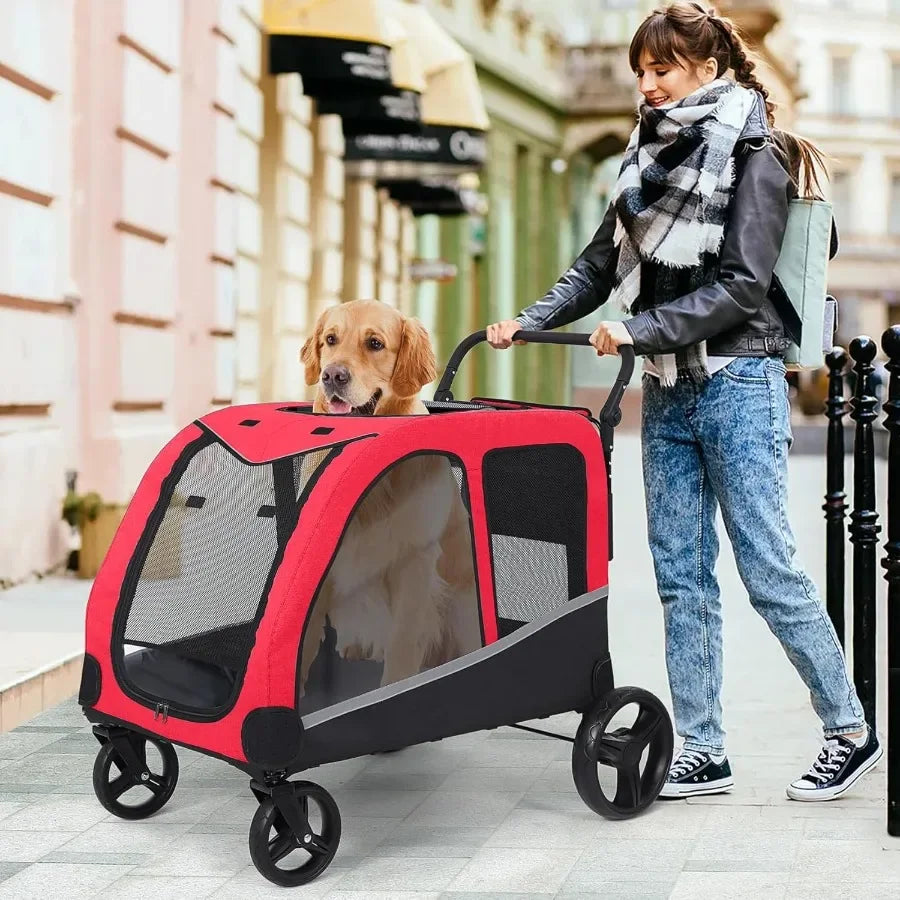 HavenTail Extra Large Dog Stroller (Red) — Foldable Mobility Wagon with Lockable Wheels