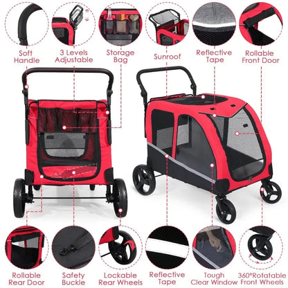 HavenTail Extra Large Dog Stroller (Red) — Foldable Mobility Wagon with Lockable Wheels
