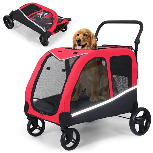 HavenTail Extra Large Dog Stroller (Red) — Foldable Mobility Wagon with Lockable Wheels