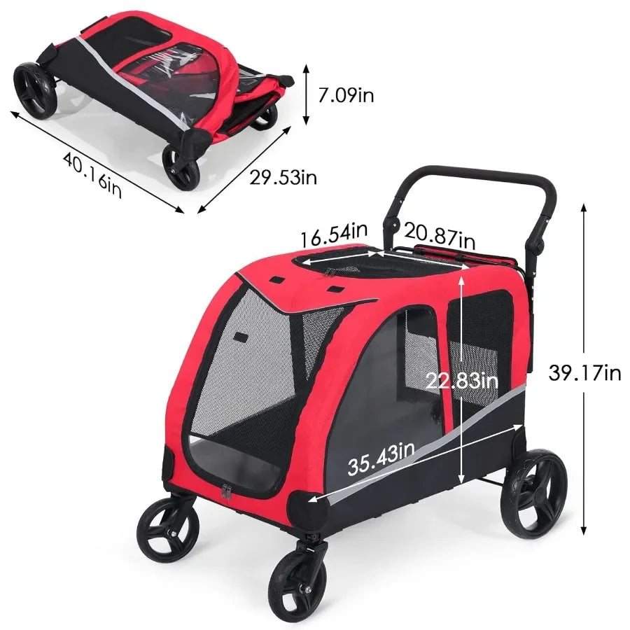 HavenTail Extra Large Dog Stroller (Red) — Foldable Mobility Wagon with Lockable Wheels